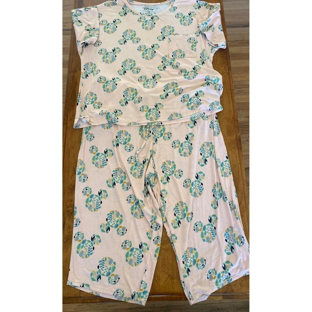 Disney Women's Pajama Set - Peach with Blue/Green Mickey Mouse Print - Picture 1 of 10
